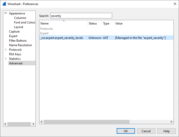 Tshark Error loading table 'Expert Info Severity Level Configuration