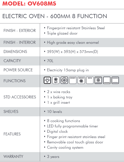 600mm STAINLESS STEEL ELECTRIC 70L OVEN 8 FUNCTION EBS site