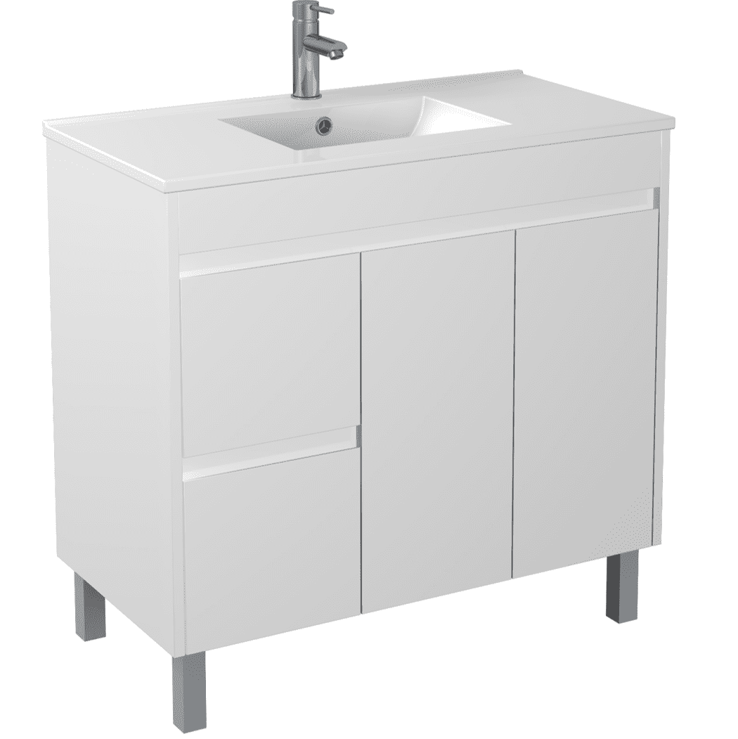 900mm STANDARD PVC VANITY WITH CERAMIC TOP ON LEGS W/ LEFT HAND DRAWERS