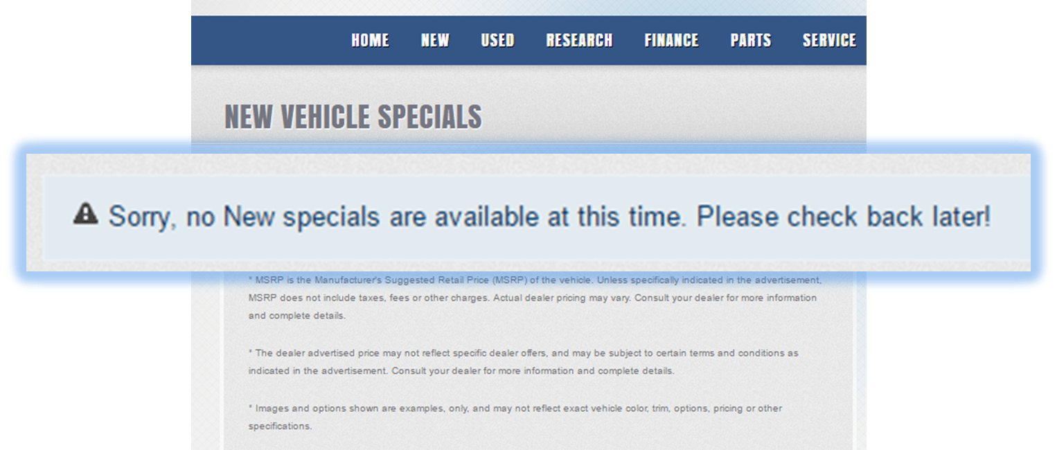 Car Dealer Specials Pages are supposed to Drive Customers Not Drive