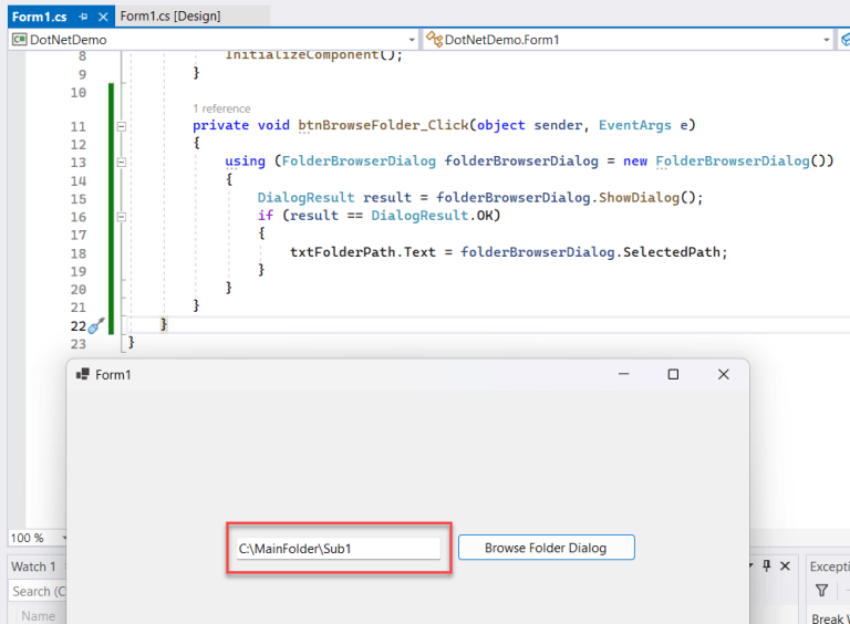 C Folder Browser Dialog with TextBox Example