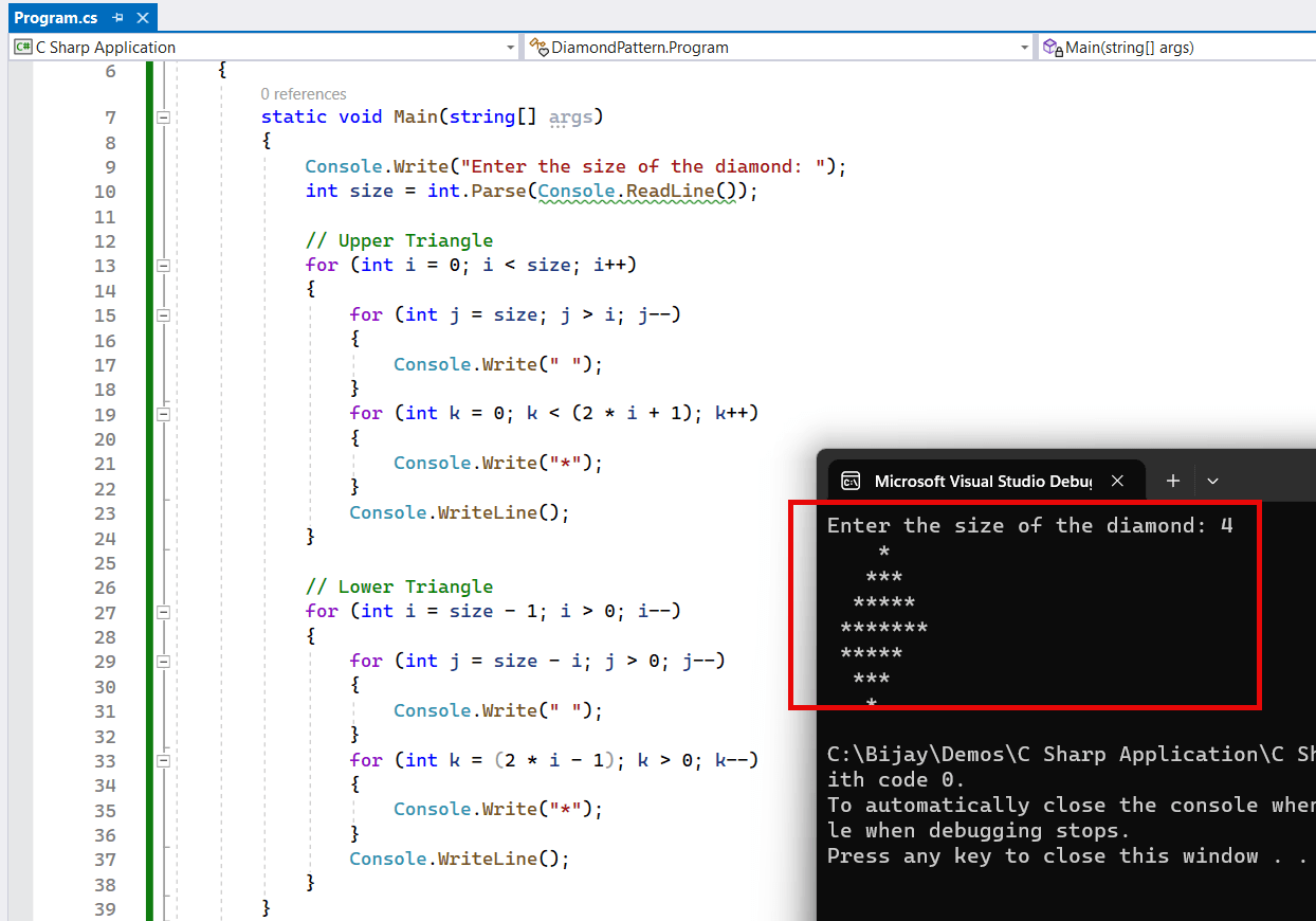 C Program To Print A Diamond By Using Nested Loop