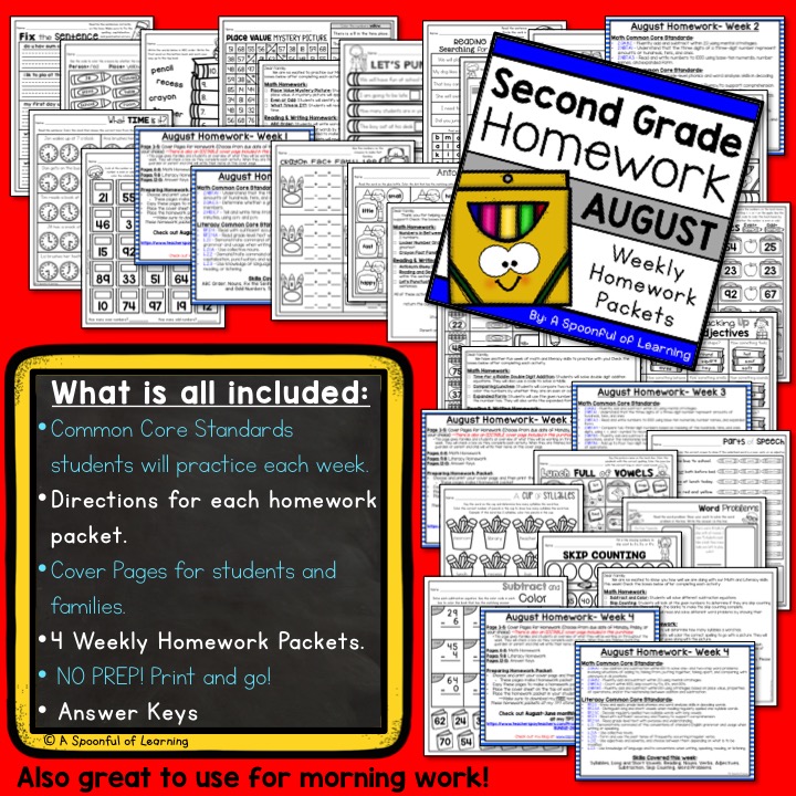 Second Grade Homework Year Long BUNDLE | Distance Learning - A Spoonful