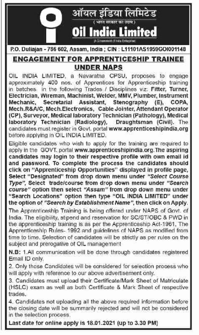 OIL India Limited Duliajan Apprentice Training 2021 AssamJobupdates