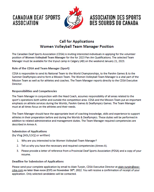 Call for Applications Women Volleyball Team Manager Position CDSA
