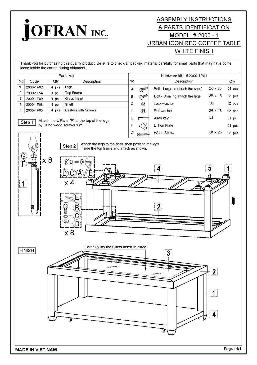 Jofran Furniture Urban Icon White Rectangular Glass Inlay Coffee Table