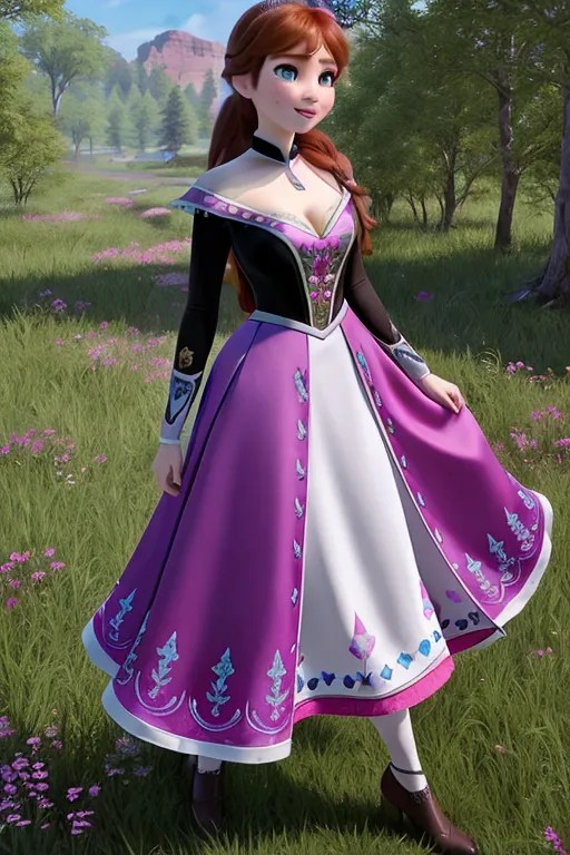 Dopamine Girl Anna from Frozen, red hair, loose wavy hair, (((perfect