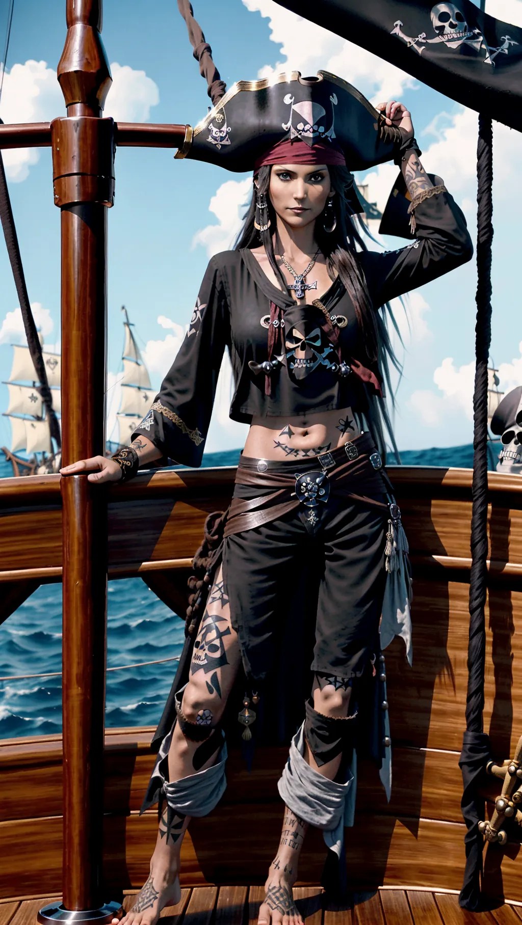 Dopamine Girl - full-body image of a hot tan athletic barefoot female pirate wearing black