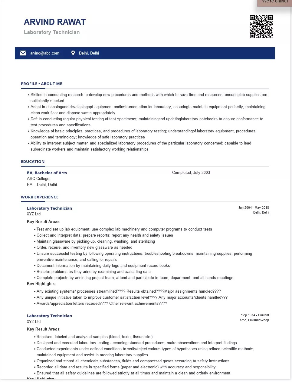 Laboratory Technician Sample & Ready To Use Example ShriResume