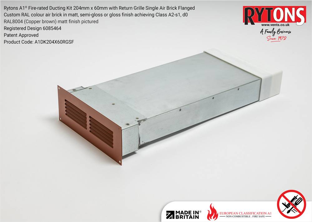 Rytons A1® Firerated Straight Ducting Kit 204 x 60 mm with Single Air