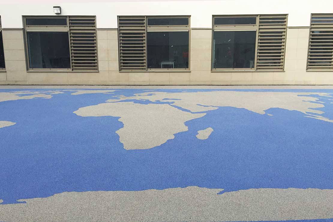 RESIN BOUND COURTYARD FEATURING WORLD MAP FOR PORTOBELLO SCHOOL Addagrip Terraco Ltd NBS Source