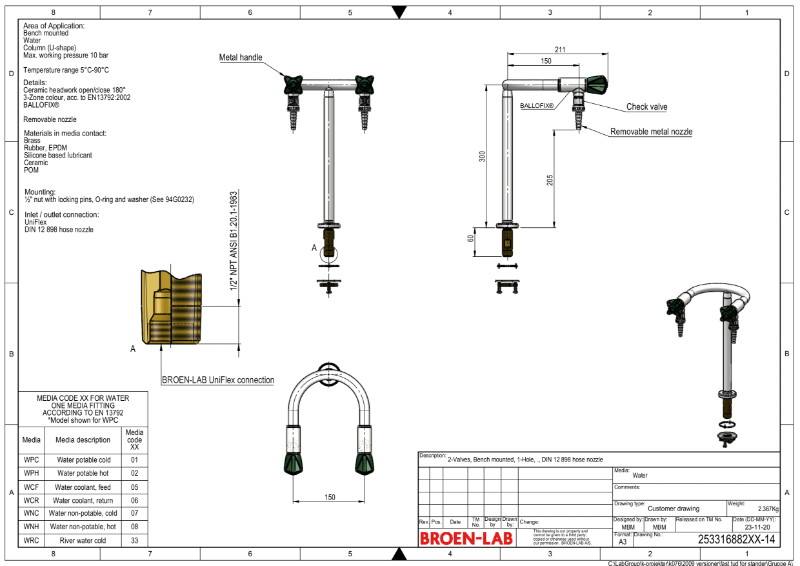 Table mounted laboratory twoway pillar water bib tap TDS BROENLAB