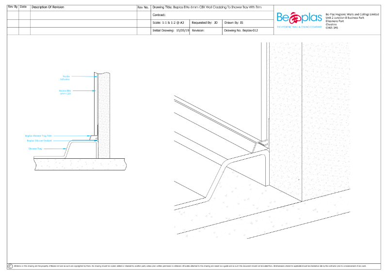 Beplas Elite CEK Wall Cladding to shower tray with trim detail drawing