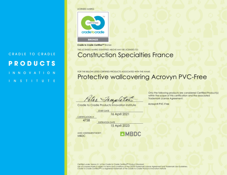 Cradle to Cradle Certification Bronze Acrovyn PVCFree