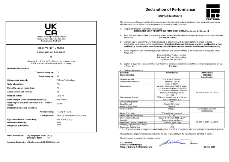 Breckland Multi Brick UKCA Certificate Forterra Building Products