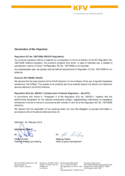 Declaration of no objection: regulation EC No. 1907/2006, directive