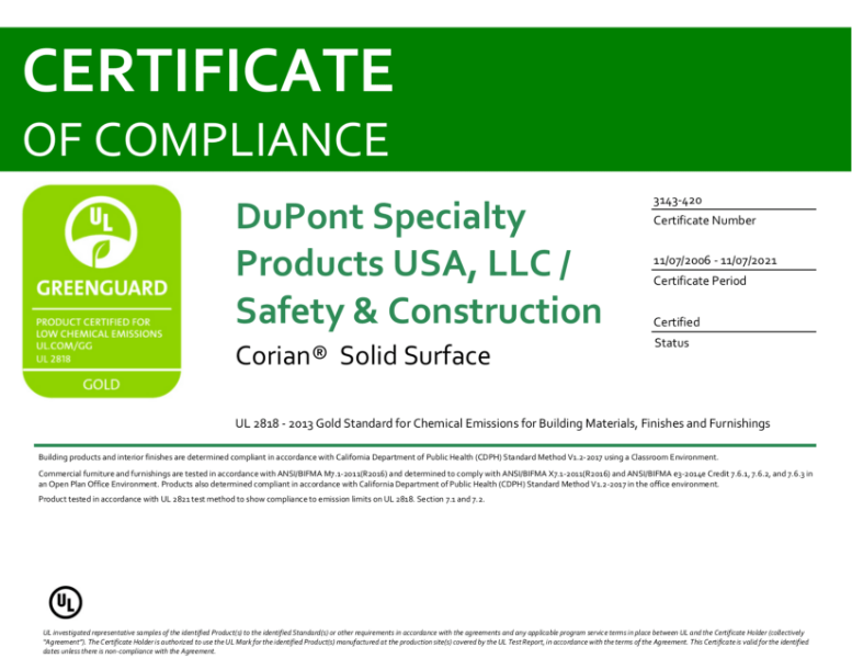 Corian® Solid Surface Greenguard Gold certification CDUK NBS Source