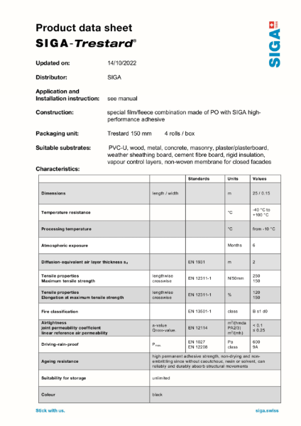 SIGA Trestard Product Data Sheet | SIGA Cover AG | NBS Source