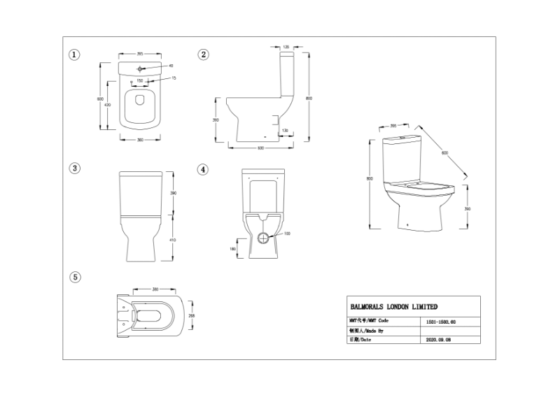Minuto Close Coupled WC and Cistern Technical Drawing Balmorals