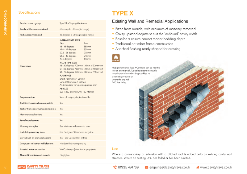 Type X remedial stepped cavity tray sloping pitch roof gable abutment existing wall Cavity
