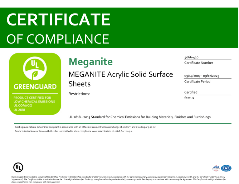 Certificate GreenGuard Meganite Solid Surface NBS Source