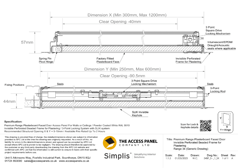 Premium Range Plasterboard Faced Access Panel Technical Drawing The