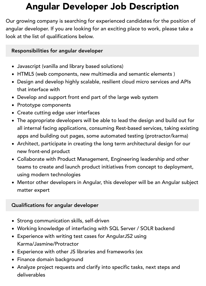 Angular Developer Job Description Velvet Jobs