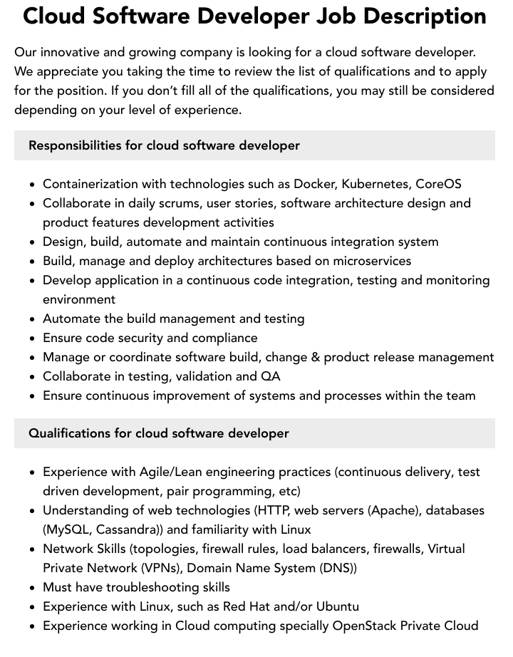 Cloud Software Developer Job Description Velvet Jobs