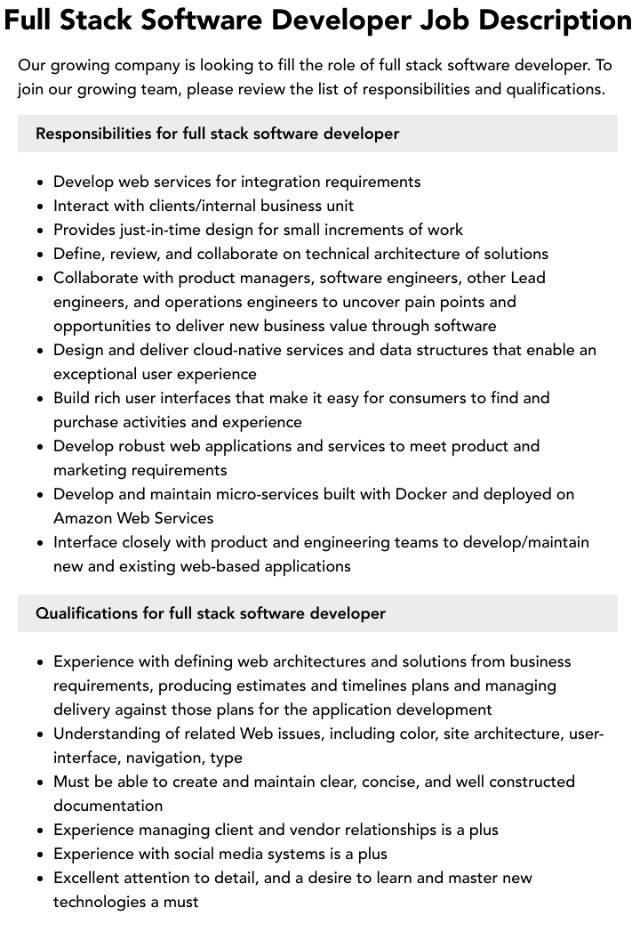 Full Stack Software Developer Job Description Velvet Jobs