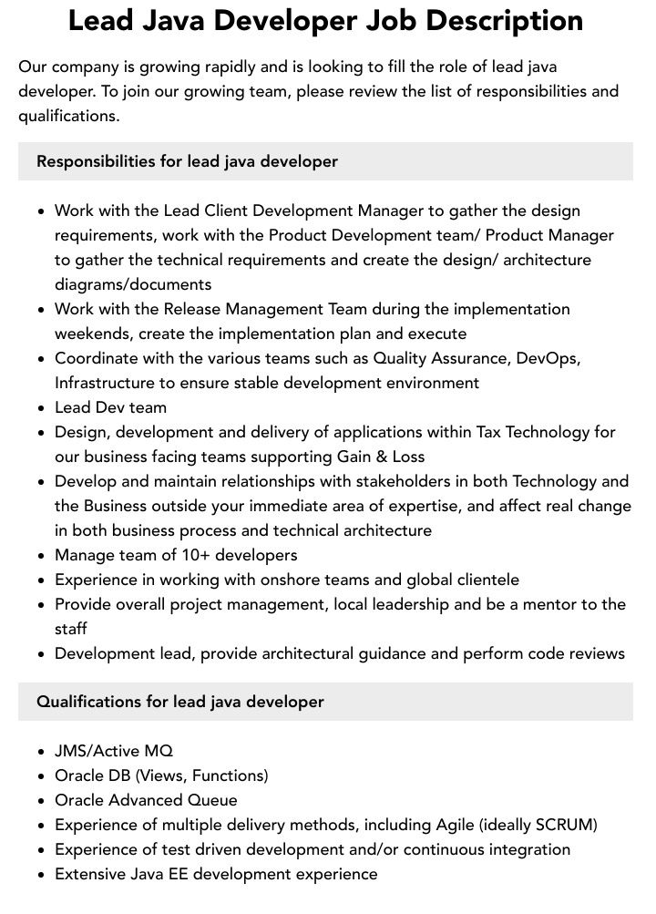 Lead Java Developer Job Description Velvet Jobs
