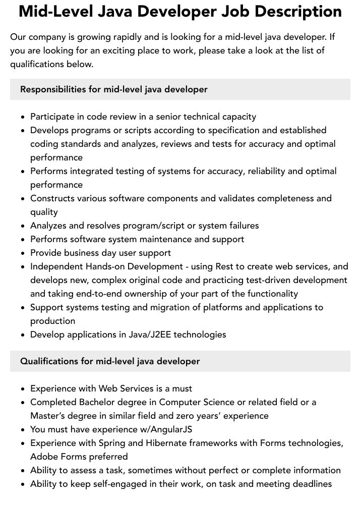 MidLevel Java Developer Job Description Velvet Jobs