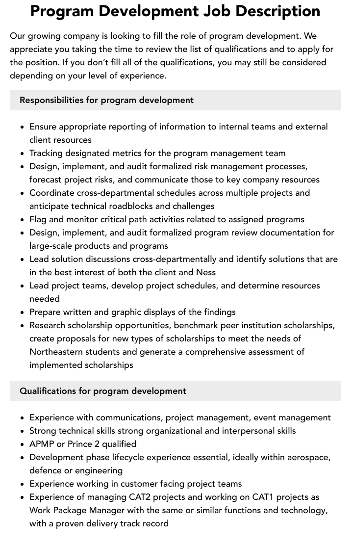 Program Development Job Description Velvet Jobs