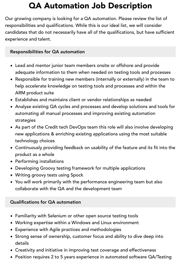 QA Automation Job Description Velvet Jobs