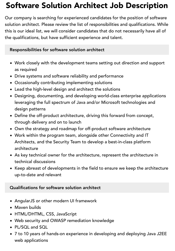 Software Solution Architect Job Description Velvet Jobs