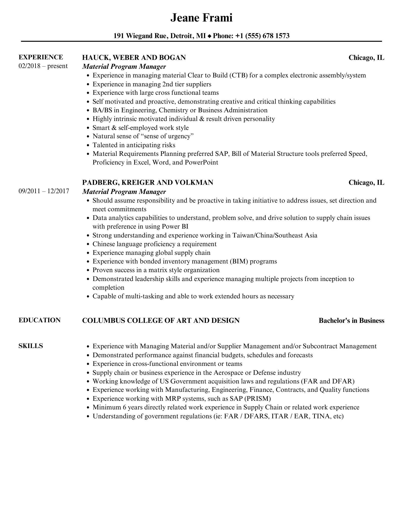 Material Program Manager Resume Samples Velvet Jobs