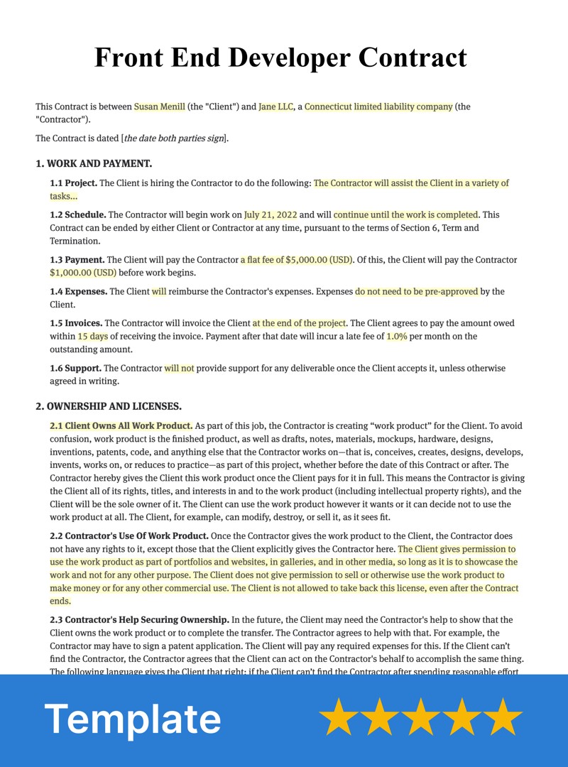 Free Front End Developer Contract Template Edit & Download Bonsai