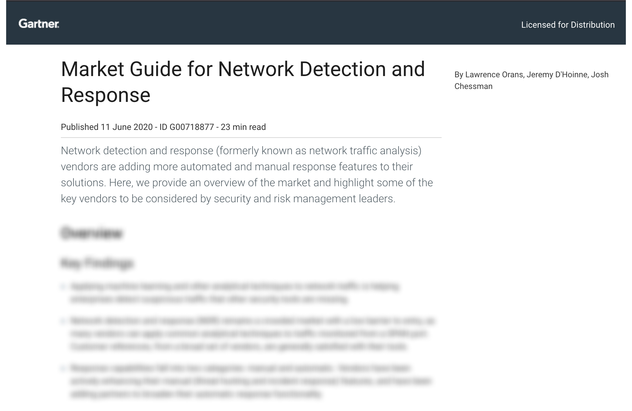 Gartner Market Guide for Network Detection and Response (NDR) 2020