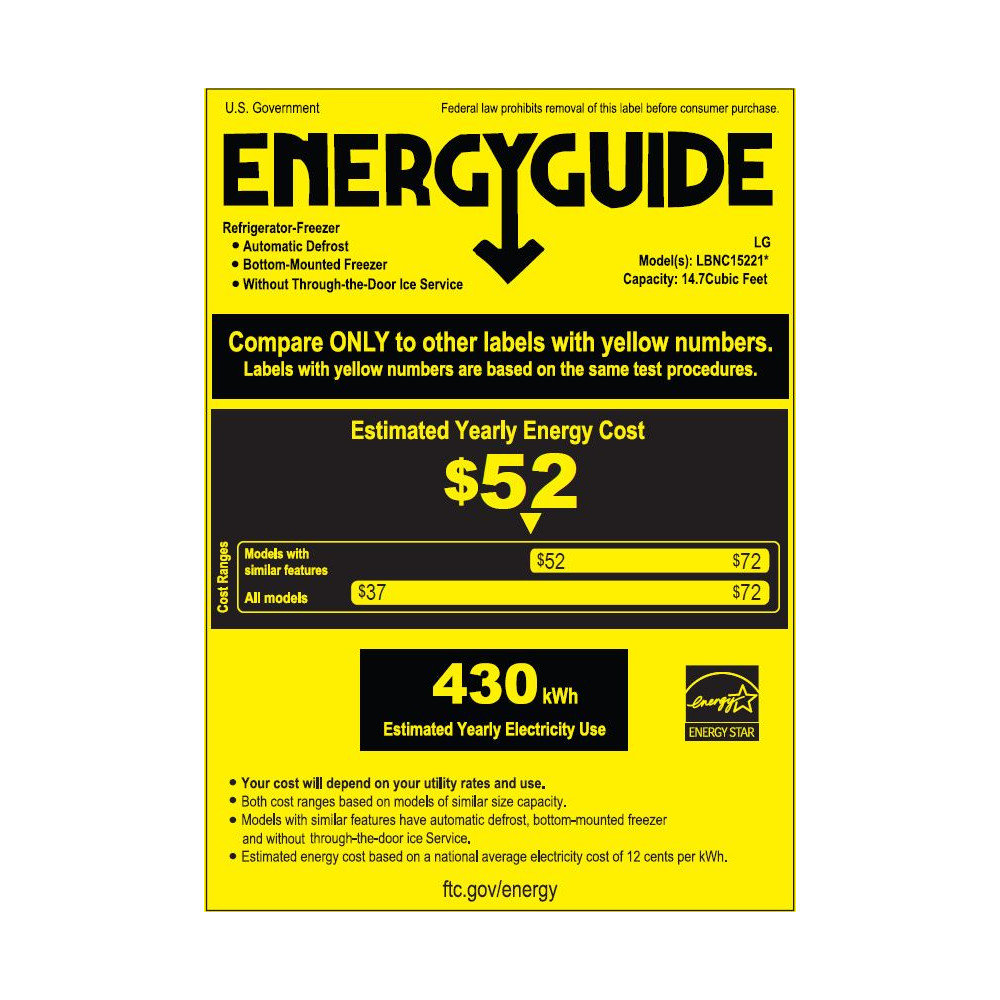 Energy Guide Label Air Conditioner Frigidaire FRA054XT7 5,000 BTU