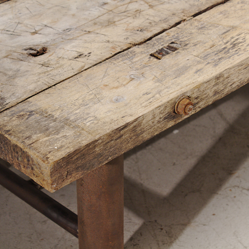 Elm coffee table, iron legs, plank top Andy Thornton