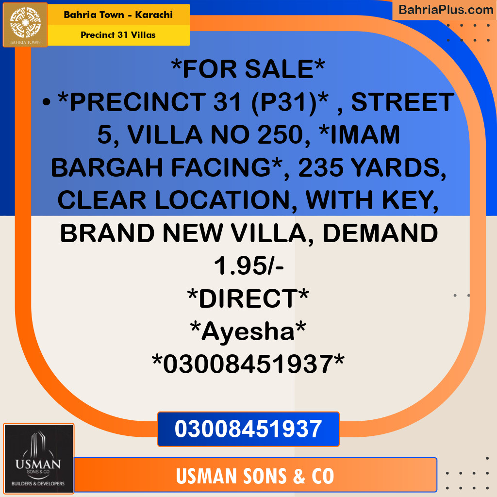 Residential Villa for Sale in Precinct 31 Villas Bahria Town, Karachi