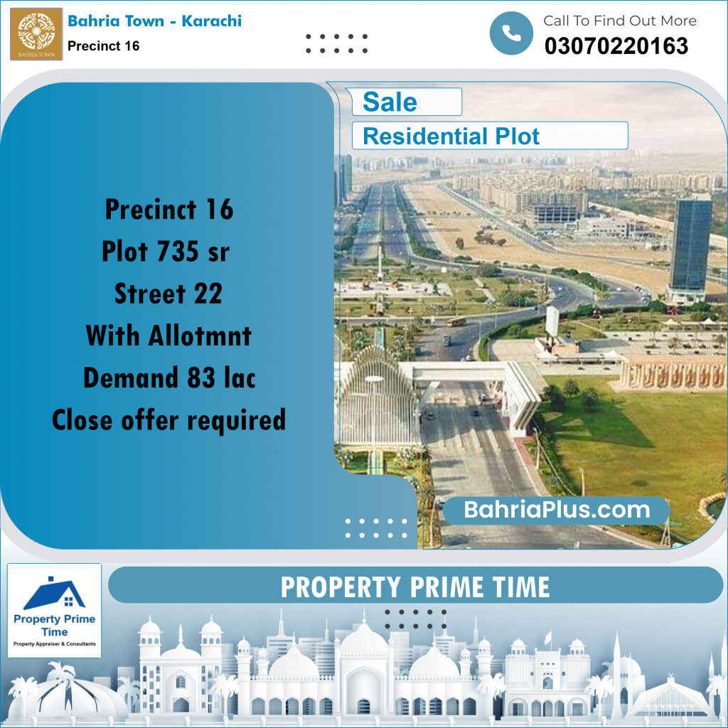 250 Sq. Yards Residential Plot for Sale in Precinct 16 Bahria Town