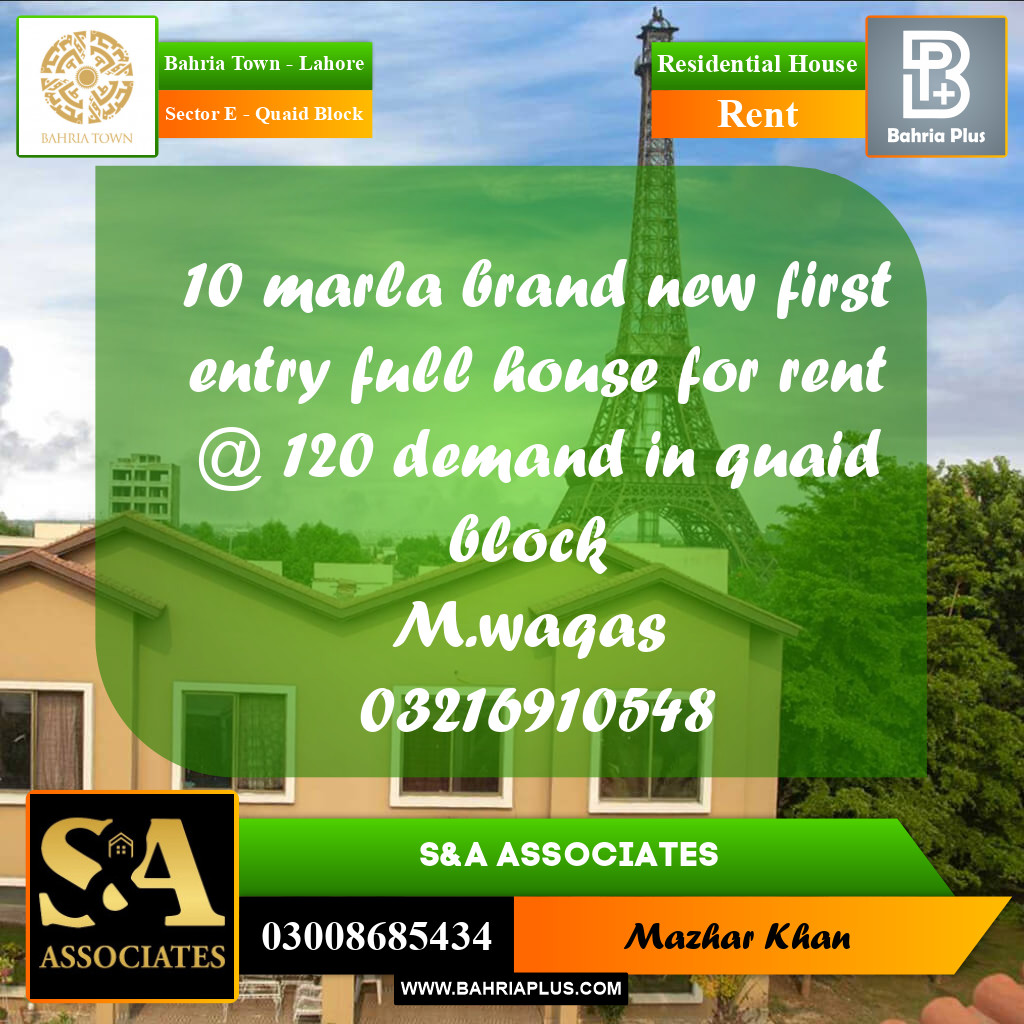 10 Marla Residential House for Rent in Sector E Quaid Block Bahria