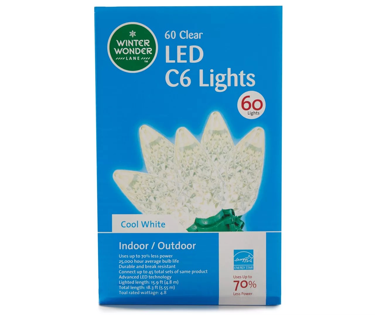 Winter Wonder Lane Cool White LED C6 Diamond Cut Light Set on Green Wire, 60Lights Big Lots