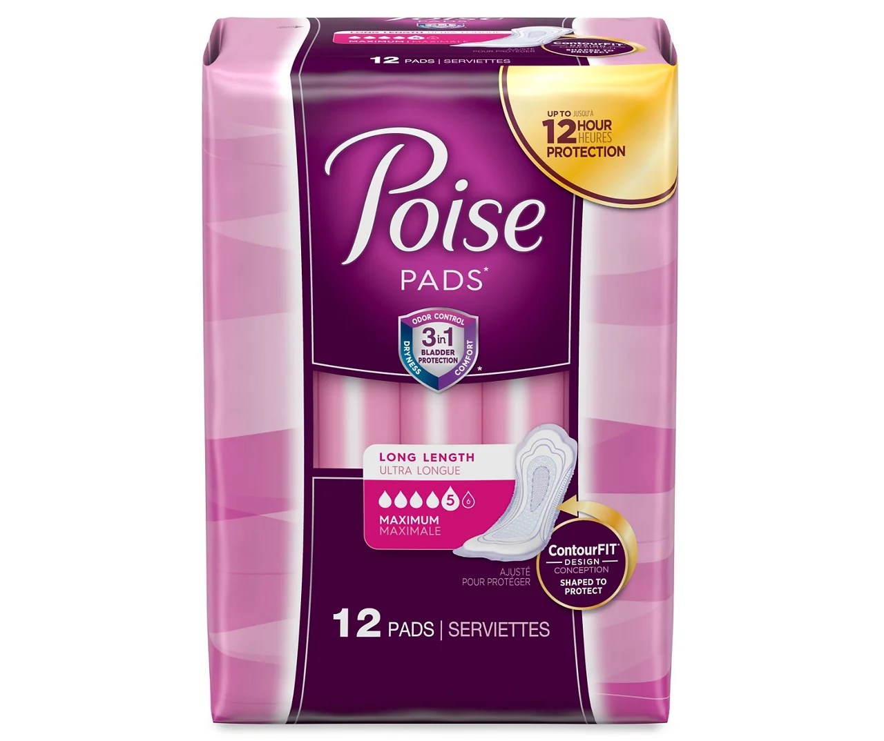 Poise Incontinence Pads for Women, Maximum Absorbency, Long, 12 Count