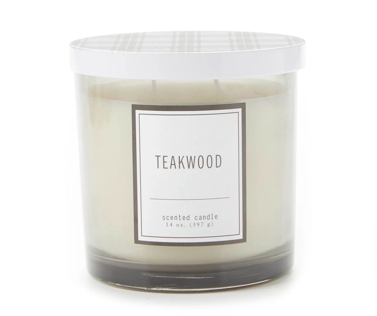 Teakwood Smoky & White Jar Candle With Plaid Lid, 14 oz. Big Lots