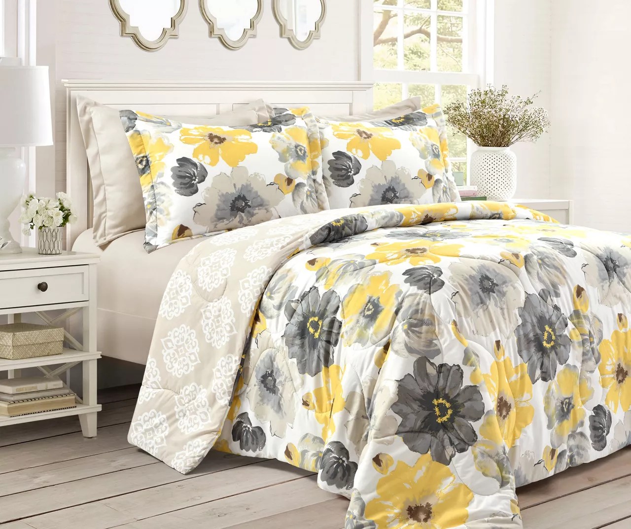 Leah White, Yellow & Gray Floral Comforter Set Big Lots