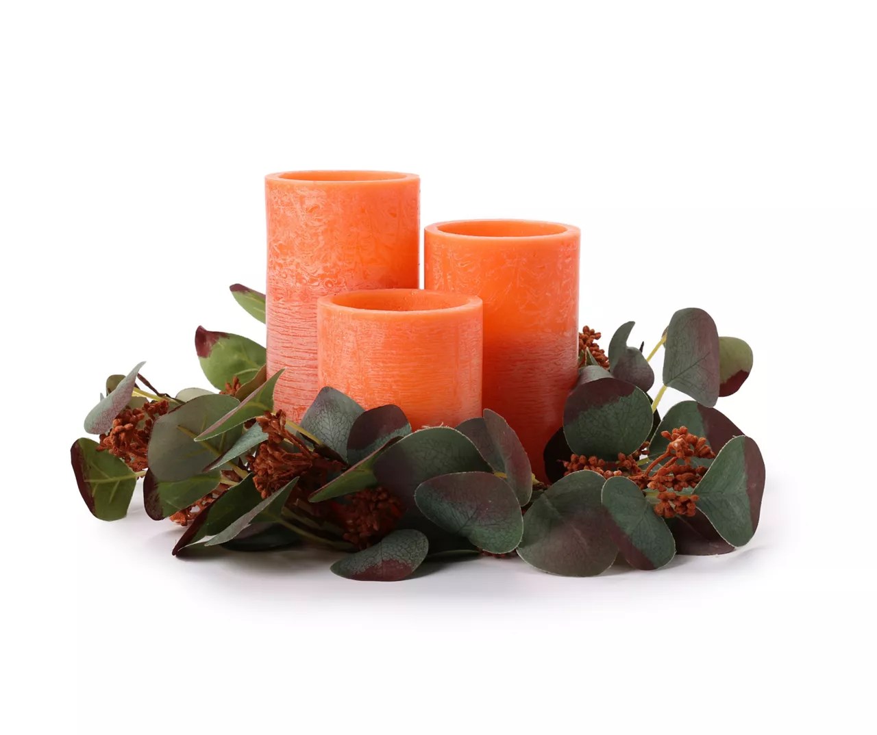 Orange 3Candle Centerpiece Arrangement with Green Eucalyptus Ring