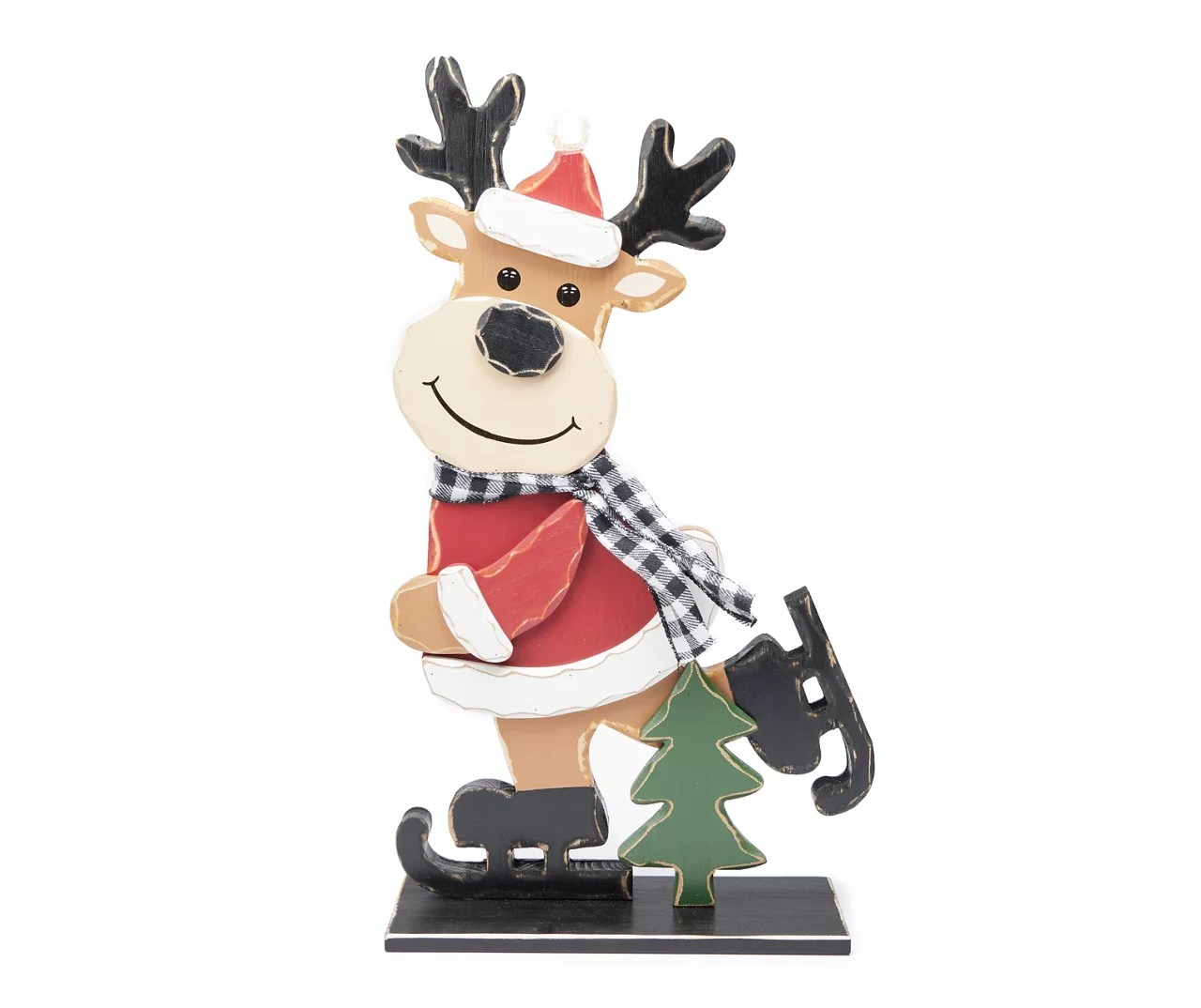 Winter Wonder Lane Brown & Red Deer on Skates Wooden Tabletop Décor