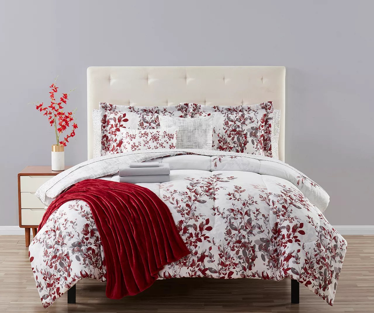 Real Living Red & Gray Floral BedinaBag Queen 14Piece Bedding Set