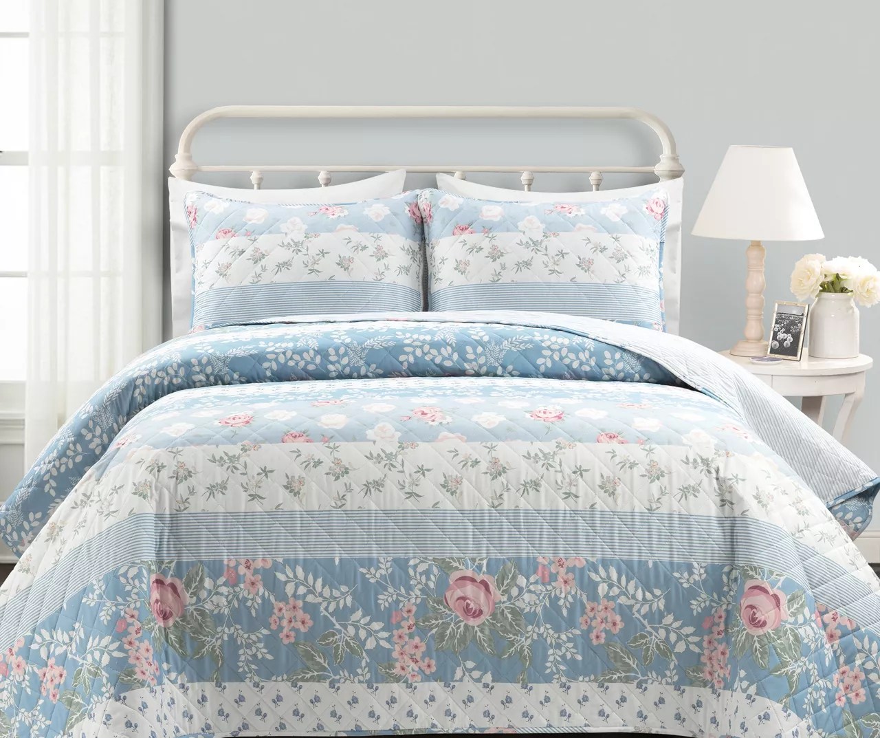Lush Decor Blue Floral & Stripe Cotton Reversible King 3Piece Quilt